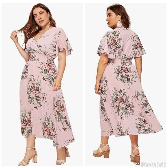 New Plus Size Floral Bohemian High Waist V Neck Long Summer Dress Dusty Pink - Picture 2 of 12